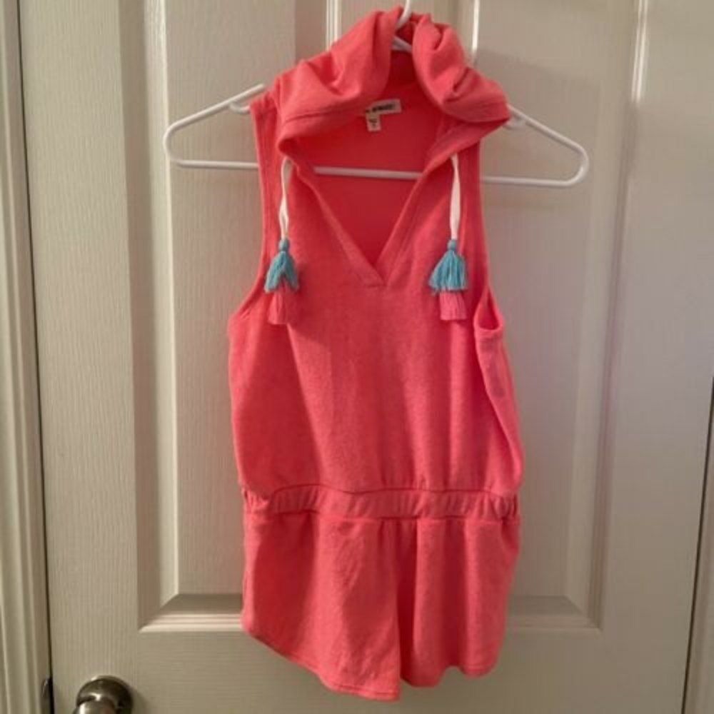 Miken Mermaids Terry Hoodie Romper Cover Up Neon Pink Tassels Girls Size Medium